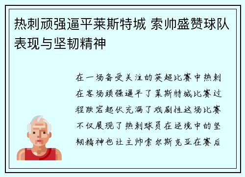 热刺顽强逼平莱斯特城 索帅盛赞球队表现与坚韧精神
